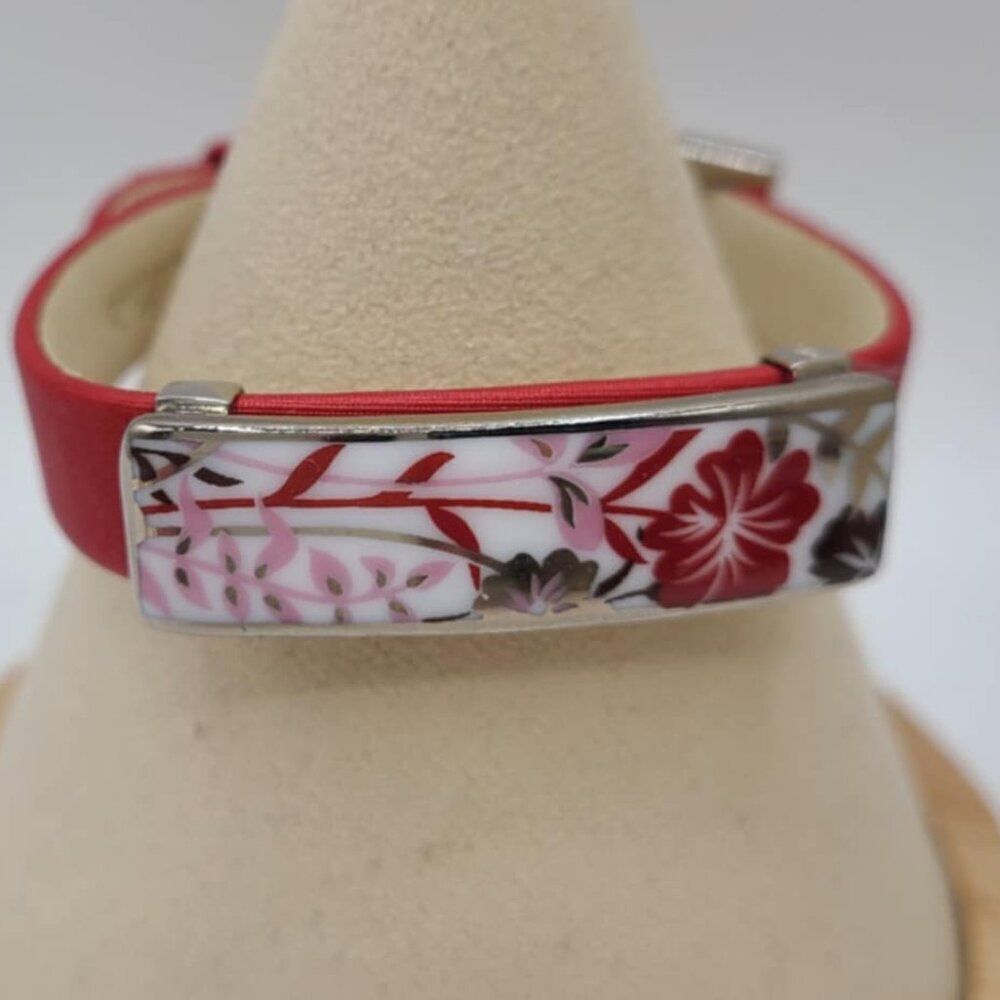Bernaraud Limoges Porcelain Red Floral Red Leather Bracelet NWOT!
